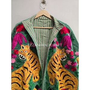 Blazer de terciopelo verde bordado con estampado de tigre y flores, cuello mandarín, chaqueta de mujer con botonadura sencilla, ropa de primavera - Product Image 6