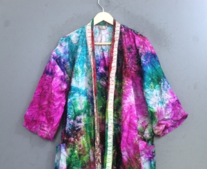 Bata Kimono Tie Dye con Ribete en Contraste, Manga Tres Cuartos, Corte Holgado, Largo Maxi, 100% Seda, 1 Pieza, Transpirable, Secado Rápido - Product Image 6