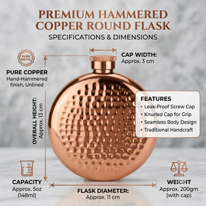 Handmade Hammered <b>Copper</b> Hip Flask, Round Pocket Flask with <b>Screw</b> Cap, Luxury Metal Gifts for Men, Wholesale OEM Custom Bulk! - Product Image 6