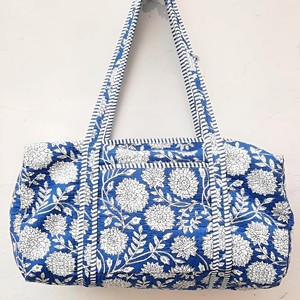 <b>Indian</b> Handmade Luxury Lightweight Block Print Quilted Cotton Duffle Bag Pink Floral Cotton Duffel Bag with Striped - Product Image 1