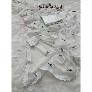 FASHIONABLE GEORGETTE HILO TRABAJO SAREE CON BLUSA SIN COSTAR BLANCO - Product Image 1