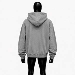 Sudadera con capucha gris oversize personalizada para hombre, estilo urbano, con estampado gráfico blanco, hombros caídos, cremallera completa, ropa casual. - Product Image 2