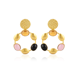 Designer Citrine Hydro & <b>Black</b> Onyx & Rose Chalcedony <b>Dangle</b> <b>Earrings</b> Handmade Fashion Jewelry for Women Brass Gold Plated - Product Image 1