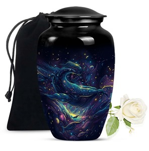 Black Cremation <b>Urn</b> with Fishing Silhouette Design for Adult Ashes Storage Container Decorative <b>Large</b> Aluminium <b>Urn</b> With Lid - Product Image 5