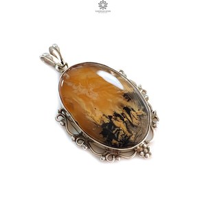 Pendentif vintage en agate dendrite tigre, en argent sterling 925 plaqué or/argent, pierre précieuse ovale bicolore pour homme et femme, idéal pour les fiançailles - Product Image 2