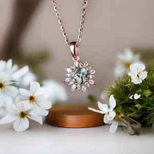 Collier en agate verte véritable, vintage, rond, plaqué or rose 14 carats, pendentif de mariée en argent 925 - Product Image 4