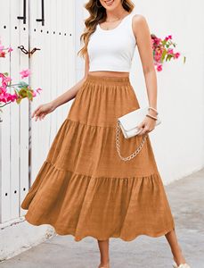 Falda larga de verano para mujer, elegante, informal, con capas, de cintura alta, línea A, fluida, con bolsillos - Product Image 2
