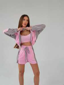 Women's Pink Gray Two Piece Shorts <b>Set</b> Sporty Fleece Crop Top And Drawstring Shorts Loose Fit Spring Summer Wear - Product Image 1