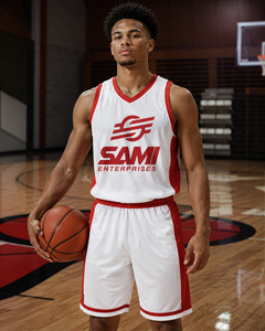 Basketball Uniform Set White <b>Red</b> Sublimated Mesh Jersey Shorts Unisex Adult Athletic Wear - Product Image 6