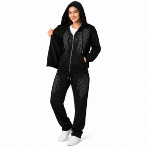 Unisex Black Winter Tracksuit <b>Set</b> Zip-Up Hoodie Sweatpants 2 1 Design Rhinestone Embellished Fleece Lining Eco-Friendly - Product Image 3