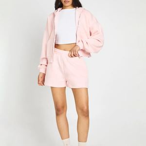 Customized 2026 High Quality Sporty Crewneck Women's Cropped Fleece Oversized 2 Piece No <b>String</b> Shorts And Hoodie Set For Women - Product Image 4