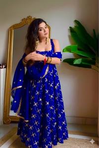 Indian Designer Georgette Silk Material anarkali Gowns with Embroidery Sequence Work and Heavy Work Dupatta Set for <b>Wedding</b> Wear - Product Image 4