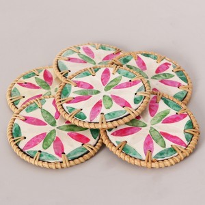 Flower pattern <b>drink</b> <b>coaster</b> great quality handwoven rattan cup <b>coasters</b> with mother of pearl inlay - Product Image 1