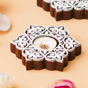 White Brown Wooden Floral <b>Printing</b> Block Decorative Tea Light Candle Holders, Diya <b>Stands</b> | Tea Light Holders | Christmas Diwali - Product Image 6
