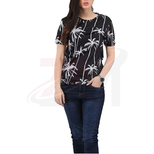 เสื้อยืดแขนสั้นคอกลมพิมพ์ลายต้นปาล์มสีขาวดำสำหรับผู้หญิงสไตล์ลำลองสวมใส่ได้ในฤดูใบไม้ผลิฤดูร้อน - Product Image 1