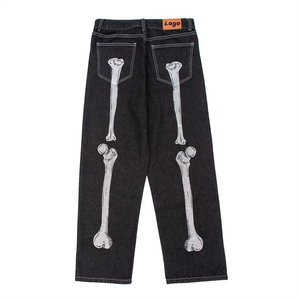 Jean en denim vintage streetwear pas cher pour homme, taille mi-haute, en coton, coupe ample, respirant, effet empilé, long, droit, délavé, à jambe large - Product Image 2