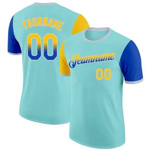 Maillot de baseball personnalisé bleu clair jaune bleu manches courtes col rond imprimé par sublimation unisexe adulte nom du club numéro 00 - Product Image 1