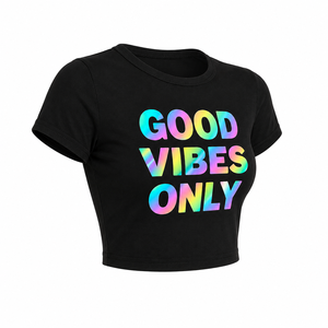 Top Corto con Estampado Gráfico para Mujer, Manga Corta, Cuello Redondo, Estilo Baby Tee, Letras Holográficas, Corte Ajustado, Blusa Informal de Verano, Sin Marca - Product Image 3