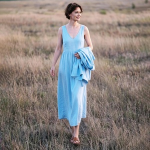 Handmade Bow Minimal <b>Vintage</b> A-Line 100% Cotton Breathable High Waist Midi Summer Dress Casual Daily Vacation Pockets Plus Size - Product Image 1