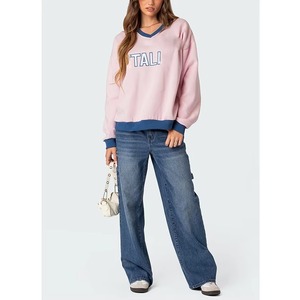 Sudadera Casual de Mujer con Cuello en V, Corte Holgado, Cuello Acanalado, Estampado de Letras y Bordado, Manga Larga, Talla Grande Personalizada - Product Image 3