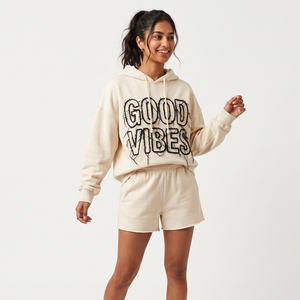 Ladies Baggy Hooded Distress <b>Embroidery</b> Sweat Short <b>Set</b> 100% Fleece Polyester Full Sleeve Baggy Drop Shoulder Shorts <b>Set</b> Women - Product Image 6