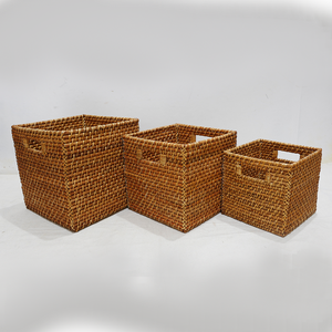 Natural Rattan Woven Rustic Style <b>Square</b> Multifunction Storage <b>Basket</b> Set Eco-friendly Home Organizer for Laundry Storage - Product Image 1