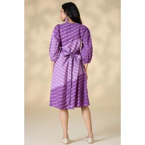 Vestido midi morado estampado para mujer, vestido informal de algodón con cuello en V y mangas, vestido de verano - Product Image 4