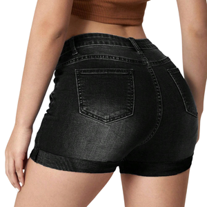 Shorts en jean noir déchiré et délavé pour femme, coupe mi-serrée décontractée, ourlet retroussé, style estival, en coton, classique - Product Image 2