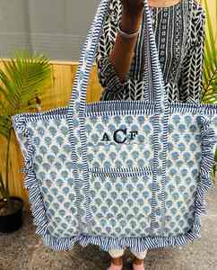 Cotton Quilted Frill Tote bag woman stylish marketing shoulder tote bag personalized bride <b>name</b> tote bag boho floral tote bag - Product Image 1