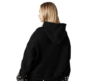 <b>Women's</b> Custom <b>Black</b> Rhinestone Hoodie Oversized Drop Shoulder Yoke Cuffs Heavy <b>Fleece</b> Pullover Sweatshirt OEM - Product Image 2