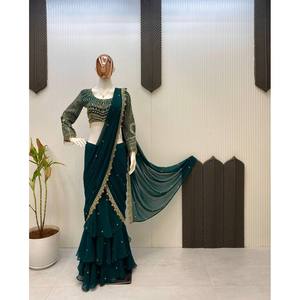 Saree de soirée LG Designer en vert avec broderie séquentielle non cousue pour les fêtes et les occasions spéciales - Product Image 4