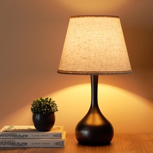 Lámpara de mesa negra clásica recién fabricada, base de metal en forma de lágrima, pantalla de tela de lino, elegante luz de noche para mesita de noche, decoración para el hogar - Product Image 5