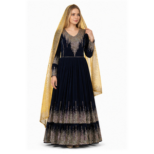 Vestido Tradicional Indio-Pakistaní para Mujer, Kurta hasta el Tobillo, Color Azul Marino, Seda, Bordado Dorado, Algodón, Vestido Afgano Kuchi - Product Image 4