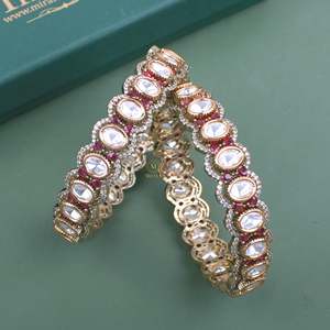 Adira Gold Plated Vintage Designer Bangles with Zircon Pearl & Diamond - Product Image 1