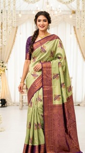 Sari de seda verde y morado con estampado de pavo real, ropa tradicional de boda para mujer - Product Image 3