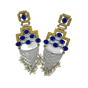 Oxidized <b>Silver</b> Gold-Plated Ethnic Fancy Chandelier <b>Earrings</b> Sapphire Bezel Setting Two Tone <b>Long</b> Dangles Direct Factory - Product Image 1