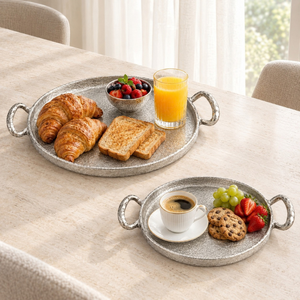 Artisan Aluminum Round Serving <b>Tray</b> Set <b>Silver</b> Textured Finish Dual Handles Raised Rim | <b>Decorative</b> Dining Table ServewareTray - Product Image 4
