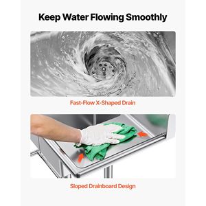 Lavello Commerciale in Acciaio Inossidabile 304 Calibro 18 per Preparazione Cibo, Vasca 25x35x25 cm, con 3 Funzioni di Sterilizzazione per Lavaggio Piatti - Product Image 5