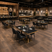 Ensemble de table à manger rectangulaire avec bordure dorée, plateau en marbre noir, fauteuils en cuir, banquette, restaurant, commercial, personnalisable, OEM