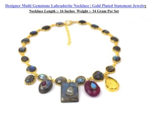 18K Gold Plated Vintage Labradorite <b>Statement</b> <b>Necklace</b> Multi Gemstone Charms | Handmade Designer Boho Collar <b>Necklace</b> for Gift - Product Image 4