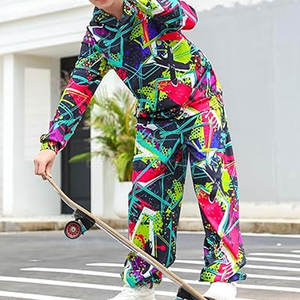 Conjunto Deportivo Unisex con Capucha y Estampado Geométrico, Manga Larga, Corte Holgado, Estilo Urbano, Transpirable, Cintura Elástica, Bolsillos Laterales - Product Image 4