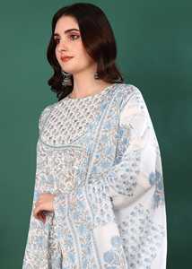 Kurta blanca de algodón con estampado floral para mujer, corte en A, con dupatta, cuello redondo, mangas tres cuartos, con lentejuelas, largo hasta la pantorrilla, estilo étnico. - Product Image 6