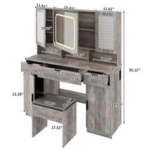 Large LED Lighted Mirror Makeup Vanity Table Set with 2 DIY Pegboards 5 Hooks Charging Station - Product Image 1