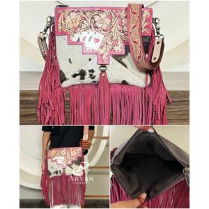 New Personalised Hand Tooled Genuine Cowhide Leather Crossbody Bag Western Fringe Purse Floral Design Ladies Sling Bag Handmade - Product Image 1