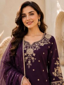 Purple Embroidered Salwar Kameez Set <b>Reversible</b> Stretch Wrinkle Free Wedding Diwali Party <b>Dress</b> with Dupatta - Product Image 3