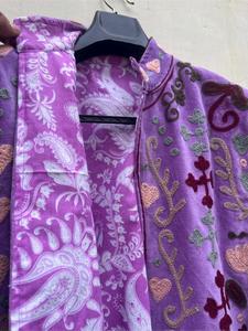 Boho <b>Purple</b> <b>Velvet</b> Floral Embroidered Suzani Jacket Full Sleeve Stand Collar Handmade Women Winter Outerwear - Product Image 2