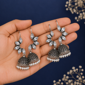 Wholesale Brass Oxidized <b>Silver</b> Vintage Handmade CZ Leaf <b>Dangle</b> Pearl Drop Jhumka <b>Earrings</b> for Women Ethnic Boho Indian Wedding - Product Image 3