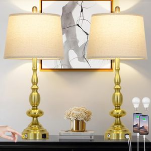Stylish Antique Brass Gold Table <b>Lamp</b> with 10 Inch Shade Modern LED Bedside <b>Lamp</b> for Bedroom Living Room - Product Image 1