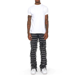 Jeans empilés de créateur personnalisés, jeans déchirés tendance, pantalons cargo amples évasés - Product Image 2
