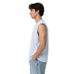 เสื้อกล้ามถักสีฟ้าอ่อนสำหรับผู้ชาย คอกลม ทรงหลวม สไตล์ลำลอง ผ้าฝ้าย 100% แบบมีริบ  ไซส์ใหญ่พิเศษ - Product Image 2